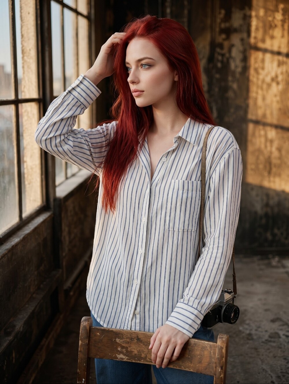 American Eagle Go Big Oversized Striped Button Down Shirt Medium White Blue NWT